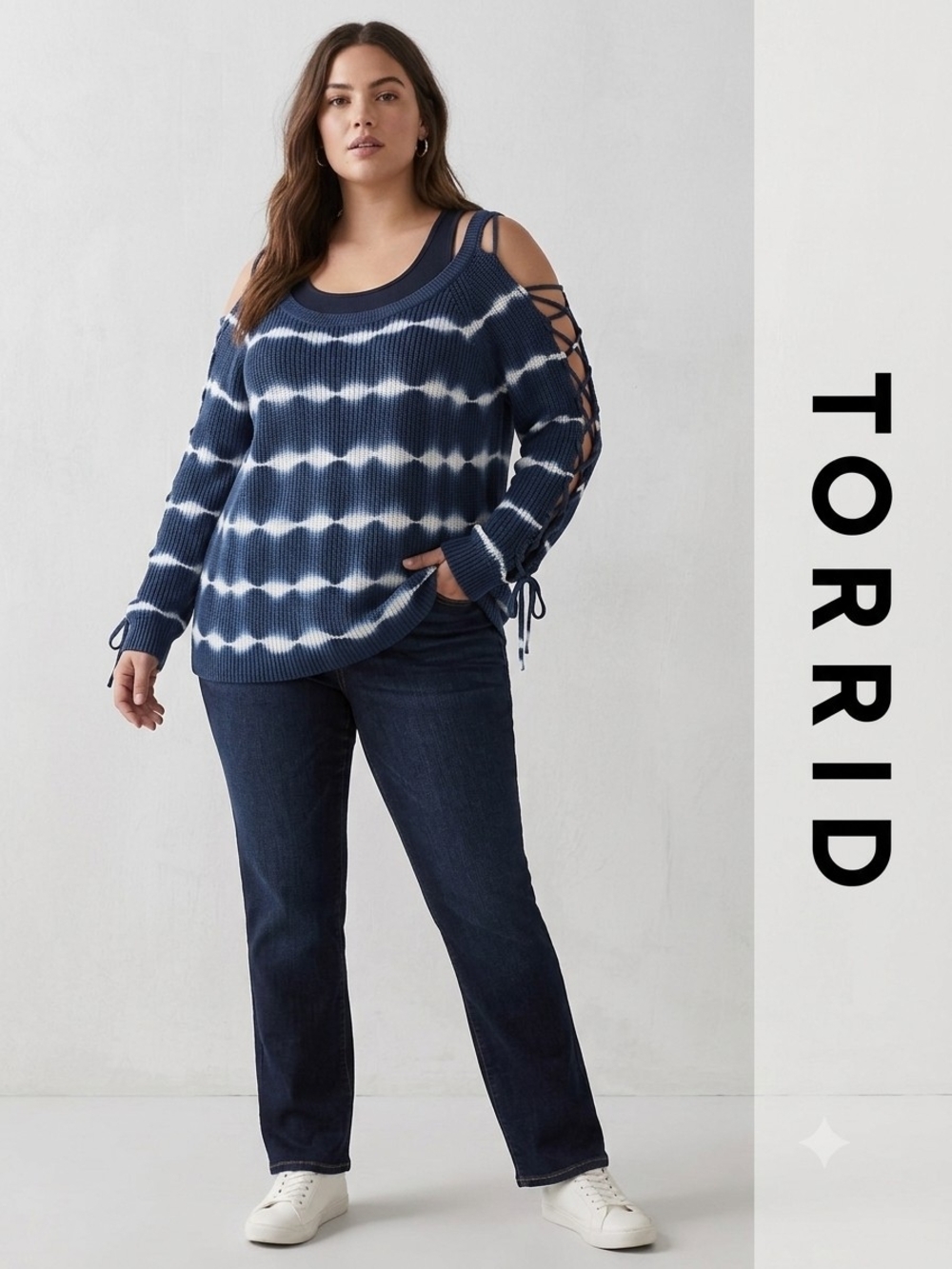 torrid Navy & White Tie-Dye Cold-Shoulder Lace-Up Sweater Like New 💙